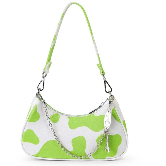 Von Dutch Vegan Pony Hair Lime Green Cow Shoulder Hand Bag with Purple Logo - Picture 11 of 14